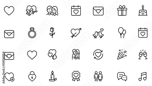 Valentines icon set with romantic heart, cupid, couple, passion, valentine, dating, love, wedding, affection, celebration, gift, hug, ring, flower, balloon, party, and more. Vector illustration