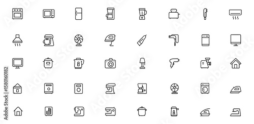 Editable stroke home appliance icon set. Vector illustration of household kitchen devices: oven, microwave, refrigerator, vacuum, washer, blender, toaster, conditioner, mixer
