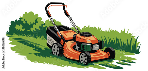 Orange lawn mower parked on green grass with bushes in the background