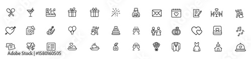 Family and wedding outline icon set with marriage, love, rings, ceremony, party, photo, bouquet, tuxedo, dress, church, dinner, reception, engagement, music, celebration, gifts, editable stroke