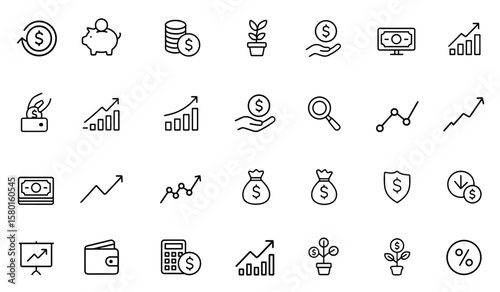 Financial profit line icon set, editable stroke icons for money income, savings, cash, investment, banknote, exchange, revenue, growth, economy, market trend analysis vector illustration.