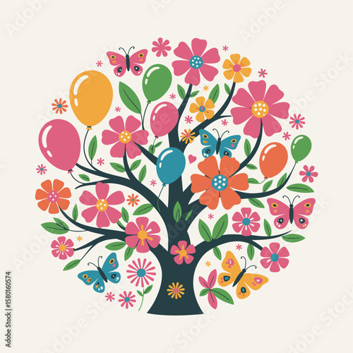 Whimsical tree adorned with colorful flowers butterflies and balloons in a circular design