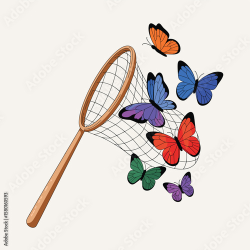 Colorful butterflies flying into a net with a wooden handle