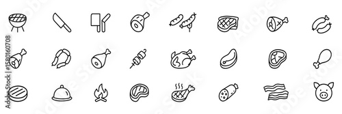 Charcuterie and meat products icon set, ham, sausage, steak, chicken, bacon, pork, grill, butcher tools, kitchen cookery, dinner, protein, carnivore, meat platter, vector illustration.