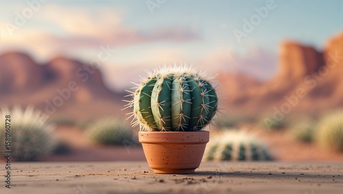 Cactus thriving in natural desert landscape during golden hour with mountains in the background