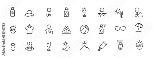 Sun Protection icon set – editable stroke vector illustration includes sunscreen, SPF shield, sunglasses, umbrella, sunburn care, sun hat, UV block, heat safety, beach skincare, UV icons
