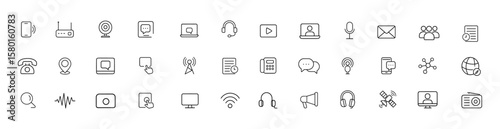 Editable stroke vector illustration of communication line icons: conversation, podcast, messaging, social network, video conferencing, email, microphone, Wi-Fi, digital interface