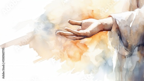 Hand of jesus christ extending in a watercolor painting, symbolizing help, compassion, and salvation