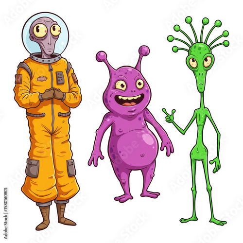 Cartoon Aliens in Spacesuit Purple and Green Extraterrestrial Illustration