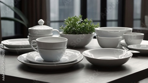 Wallpaper Mural Elegant white dinnerware set arranged on a wooden table, featuring cups, bowls, and a small plant centerpiece. Torontodigital.ca