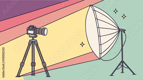 Photography studio setup with camera on tripod and softbox lighting for professional photoshoot scene