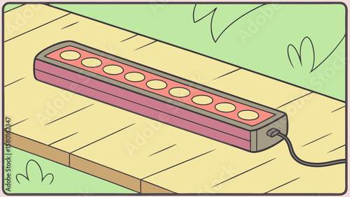 Cartoon power strip surge protector with multiple outlets on wood surface in outdoor environment
