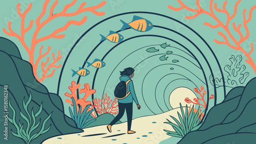 Illustration of underwater tunnel with person walking through, surrounded by coral and fish design