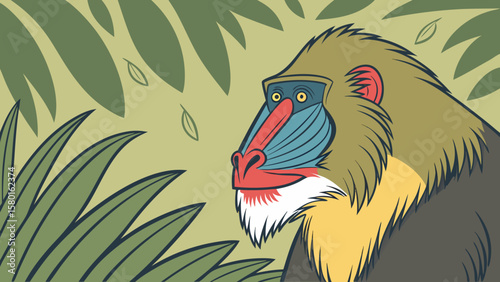 Mandrill monkey illustration vector art jungle wildlife primate animal drawing colorful design nature image