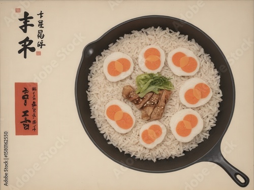  A solitary frying pan elegantly depicted in the classic style of ukiyo-e against a serene rice paper backdrop