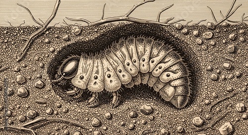 Bild auf Leinwand Detailed Engraving of a Segmented Grub Burrowing in Soil