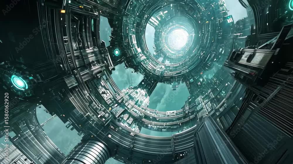 Exploring fractal patterns in a sci fi industrial hollow world with a fast zoom perspective, Sci fi industrial hollow worlds fractal fast zoom 3d