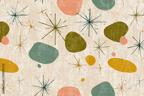 Seamless Pattern – 1950s Mid-Century Modern Retro Atomic Design with Boomerangs, Starbursts, and Abstract Shapes in Muted Teal, Mustard, Coral, and Olive on Textured Beige Backgroun