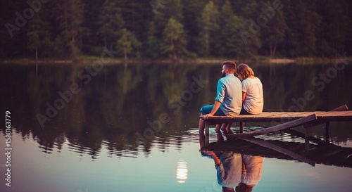 Fototapeta Naklejka Na Ścianę i Meble -  A couple sits on a wooden dock overlooking a serene lake at sunset.