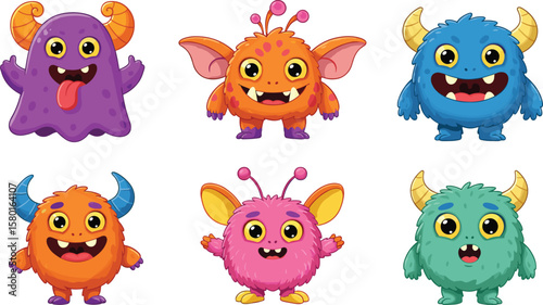 Colorful cartoon monsters set, cute funny characters with horns, adorable alien creatures, vector illustration for kids, Halloween, fantasy, design use