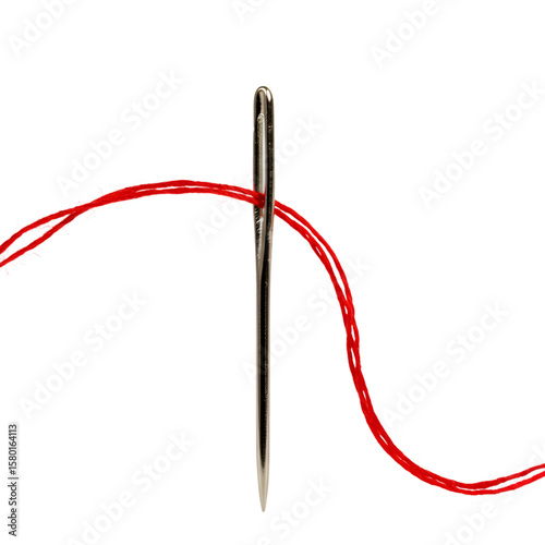 Close Up Needle with Red Thread Craft Sewing Object with Isolated Background