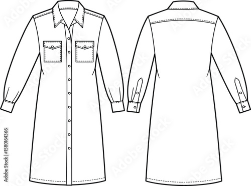 PrintFashion technical sketch of women’s shirt dress with front button closure, chest flap pockets, long sleeves, and back yoke design.