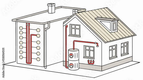 Heating system schematic diagram for house with solar panels and water tank and pipes for home energy efficiency