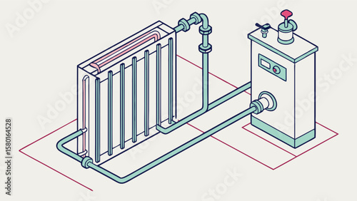 Isometric view of a heating system with radiator, pipes, and boiler for home heating needs shown