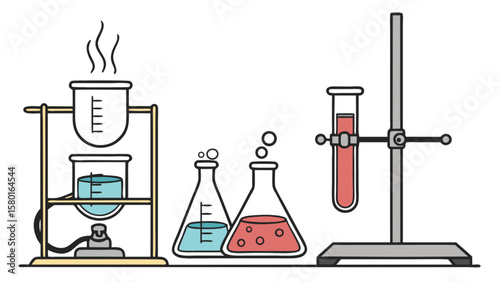 Science lab equipment illustration featuring beakers flasks test tubes and burners for experiments and research