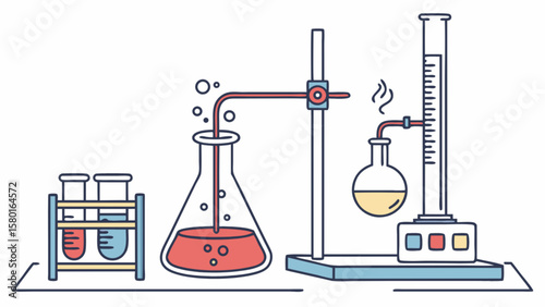 Science lab experiment setup with beakers test tubes and distillation process for chemistry education research