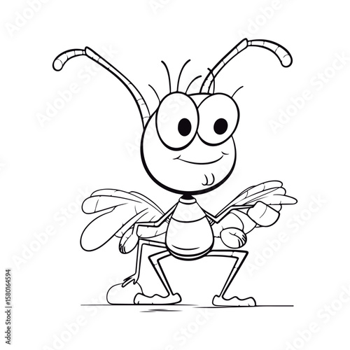 Cute cartoon baby Cricket kawai Black and white vector illustration for coloring book.