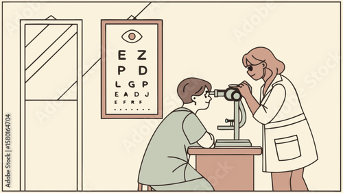 Eye exam illustration with optometrist checking patient vision using phoropter and snellen chart in clinic
