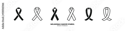 Modern black ribbon vector collection for Melanoma Cancer awareness. Featuring diverse solid and outline designs, perfect for symbolizing support and health campaigns