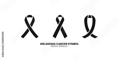 A set of three solid black ribbon vector icons for Melanoma Cancer awareness. Perfect for health campaigns, support graphics, and medical illustrations