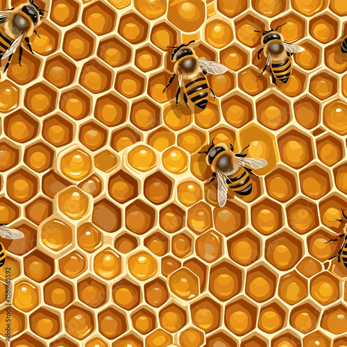 Vibrant Honeycomb Pattern with Bees Showcasing Natural Honey Production and Intricate Hexagonal Design