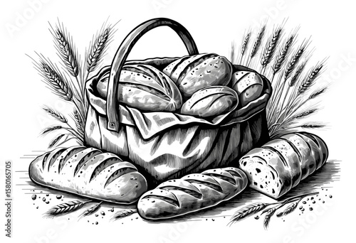 Rustic Basket of Freshly Baked Bread with Wheat Stalks in Black and White Illustration