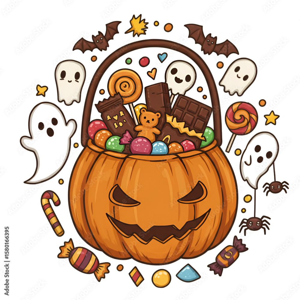 Obraz premium Cheerful Halloween Sweets in Pumpkin Illustration with Ghost Spider and Bat