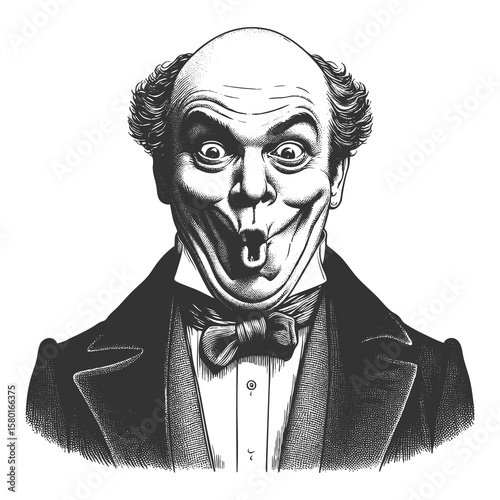 bald man in formal suit making a wide-eyed, puckered expression with exaggerated comic effect sketch engraving generative ai raster illustration. Scratch board imitation. Black and white image.