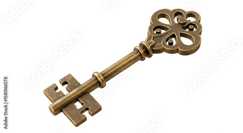 Antique Gold Metal Skeleton Key Isolated Vintage Classic Object