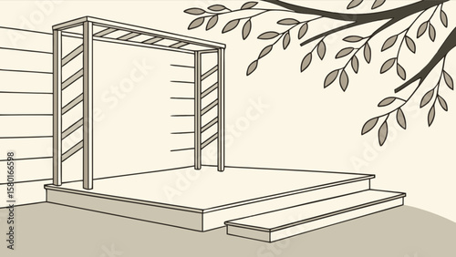 Explore outdoor living space design ideas with pergola on deck with tree branch and leaves vector art