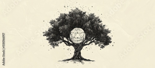 Large, intricate, monochrome tree graphic
