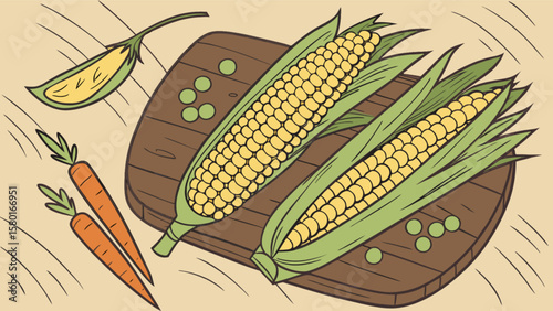 Illustration of fresh vegetables corn carrots peas on a wooden board healthy eating and organic food concept