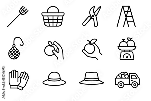 Garden tools and harvest icons: basket, ladder, scissors, truck, gloves