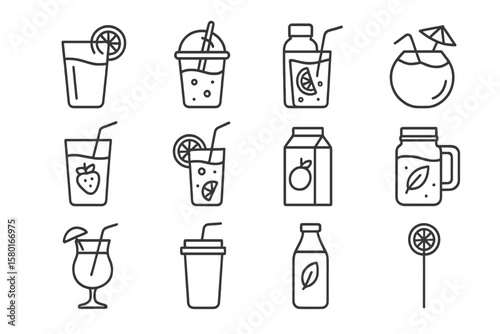 Black and white icons of various drinks with straws and garnishes