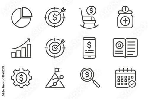 Business and finance icons: charts, targets, money, growth, plans
