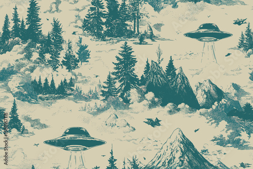 Seamless Pattern – Alien Abduction Toile with Spaceships, Mountains, and Trees in Teal and Cream, Whimsical Sci-Fi Vintage Style for Unique and Playful Wallpaper Designs