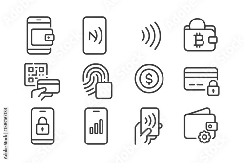 Digital payment icons featuring bitcoin wallet and contactless transactions
