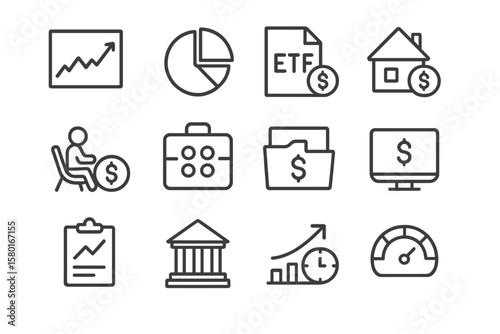 Financial icons set: growth, investment, banking, real estate, and savings