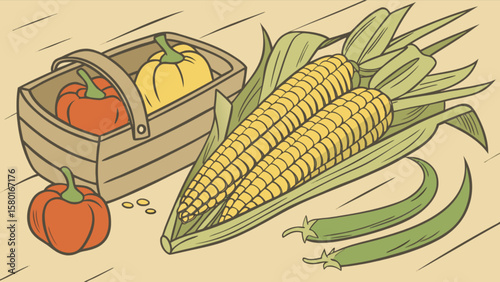 Harvest vegetables basket corn peppers pumpkins autumn season organic farm fresh produce still life illustration