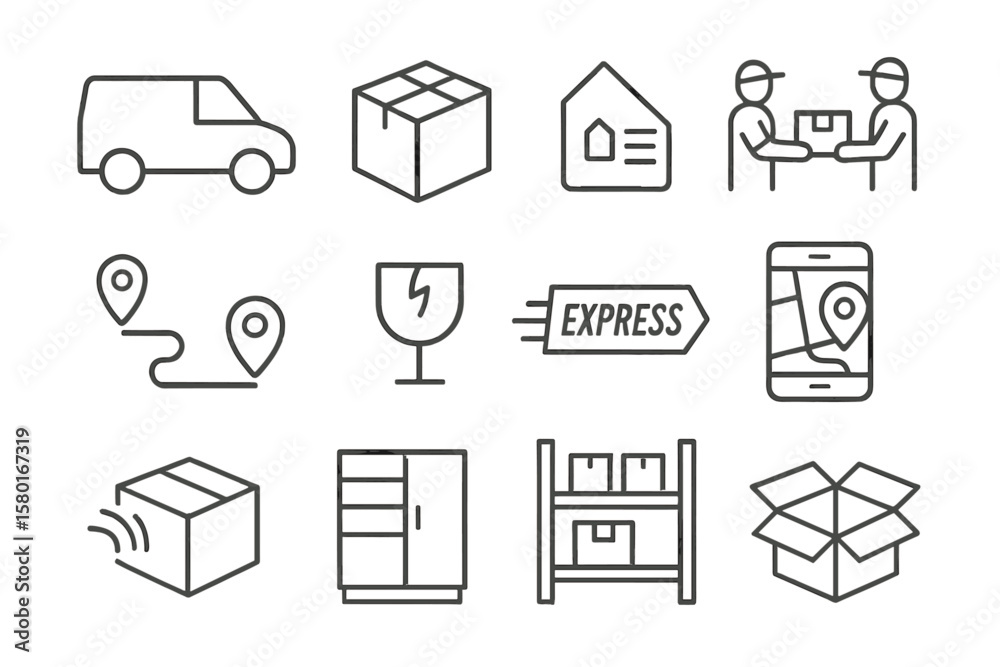 Delivery and shipping icons: van, box, location, mobile, warehouse, package Delivery and shipping icons: van, box, location, mobile, warehouse, package